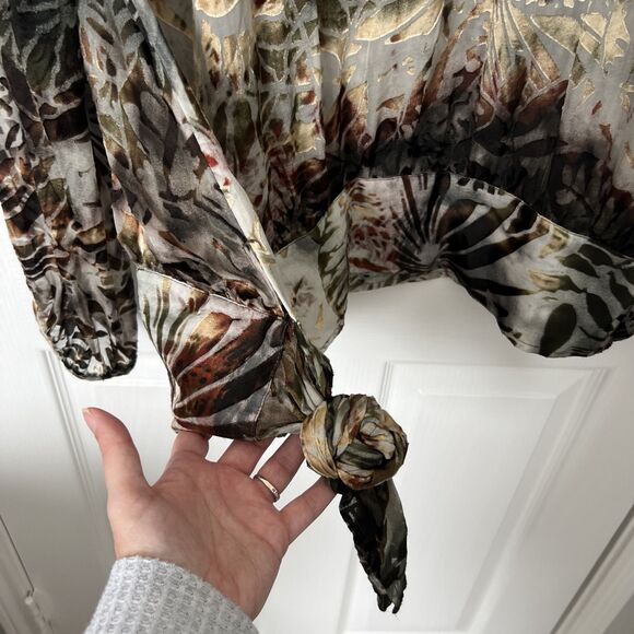 Chico's Velvet Burnout Sheer Silk Blouse Size 3 US XL Brown Long Sleeve Side Tie - Picture 7 of 9